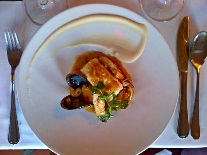 2nd Course: Fresh kingklip with bouillabaisse, squid, rouille and mussels