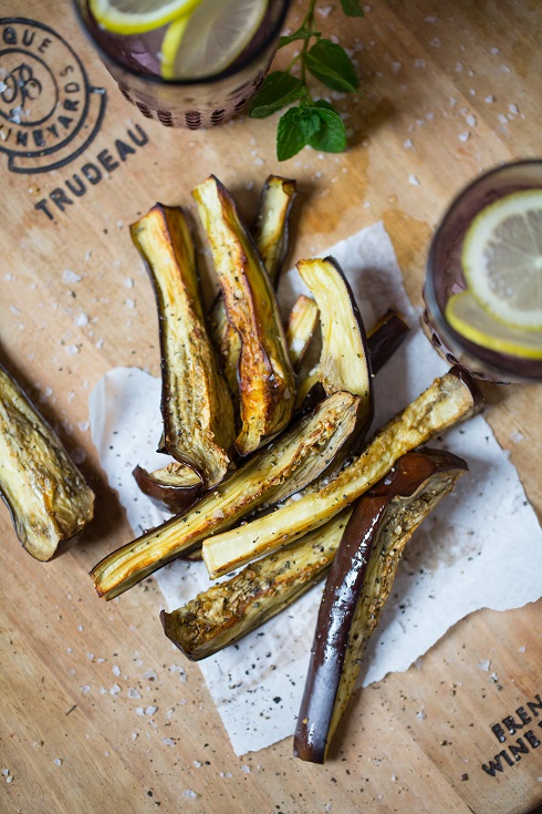 Juicy roasted aubergine strips (photography by Tasha Seccombe)