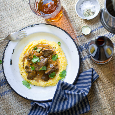 Spicy pan-fired chicken livers on creamy polenta (photography by Tasha Seccombe, styling by Nicola Pretorius)