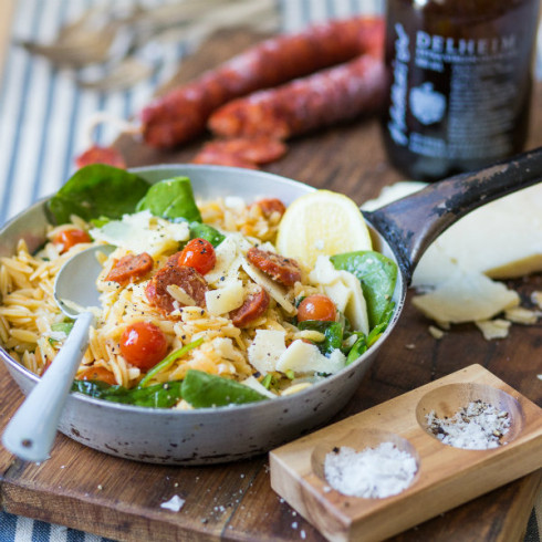 Warm orzo salad with chorizo & spinach (photography by Tasha Seccombe, styling by Nicola Pretorius)