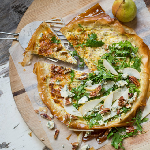 Pear and blue cheese quiche with rocket & pecans (photography by Tasha Seccombe)