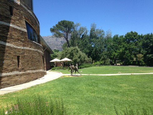 The cheetah statue outside the entrance to the Terra del Capo tasting room at Anthonij Rupert Wines. 