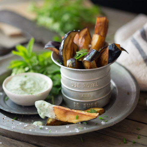 Fried aubergine fingers, dusted with paprika & served with a fresh herbed yoghurt sauce (photography by Tasha Seccombe)