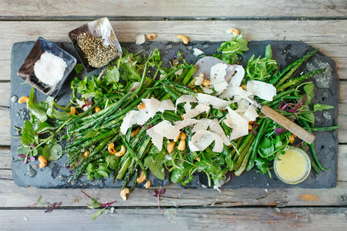 Grilled asparagus & green bean salad with parmesan & cashews