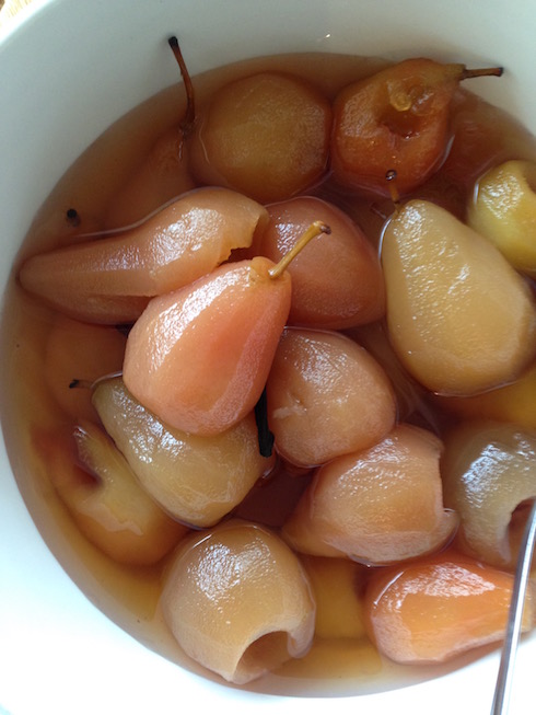 Beautifully poached pears as part of the breakfast buffet.