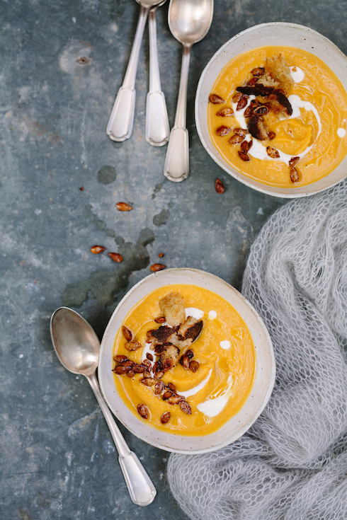 Creamy roasted butternut soup with spicy roasted seeds